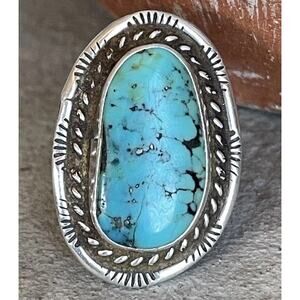 Vintage Navajo Turquoise Sterling Silver Ring Size 6.5 Blue Matrix Southwest